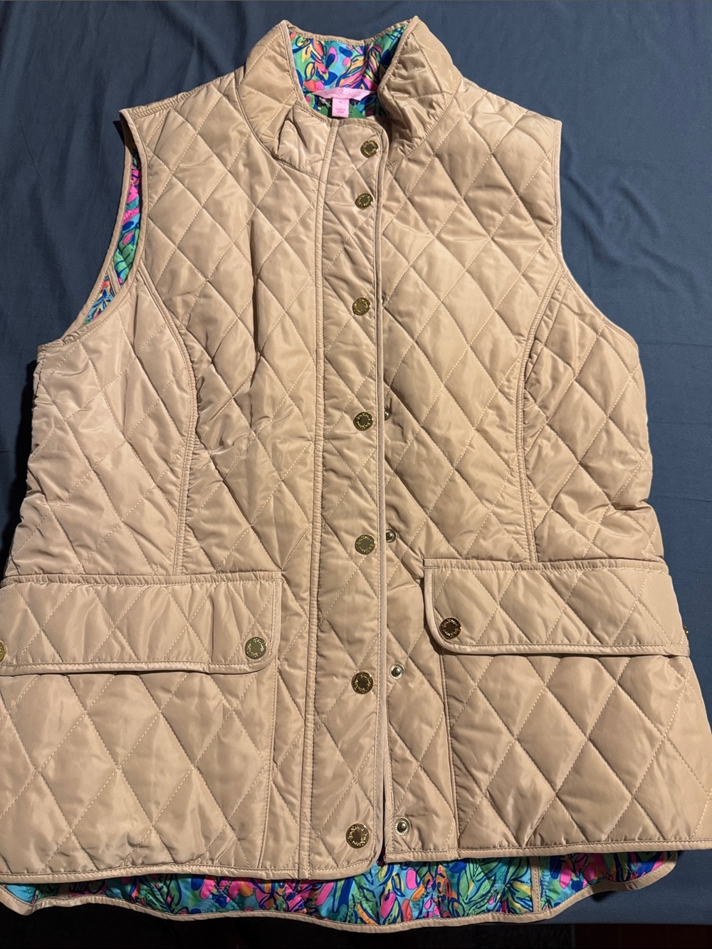 Lilly Pulitzer Quilted Beige Reversible Vest with Colorful Lining